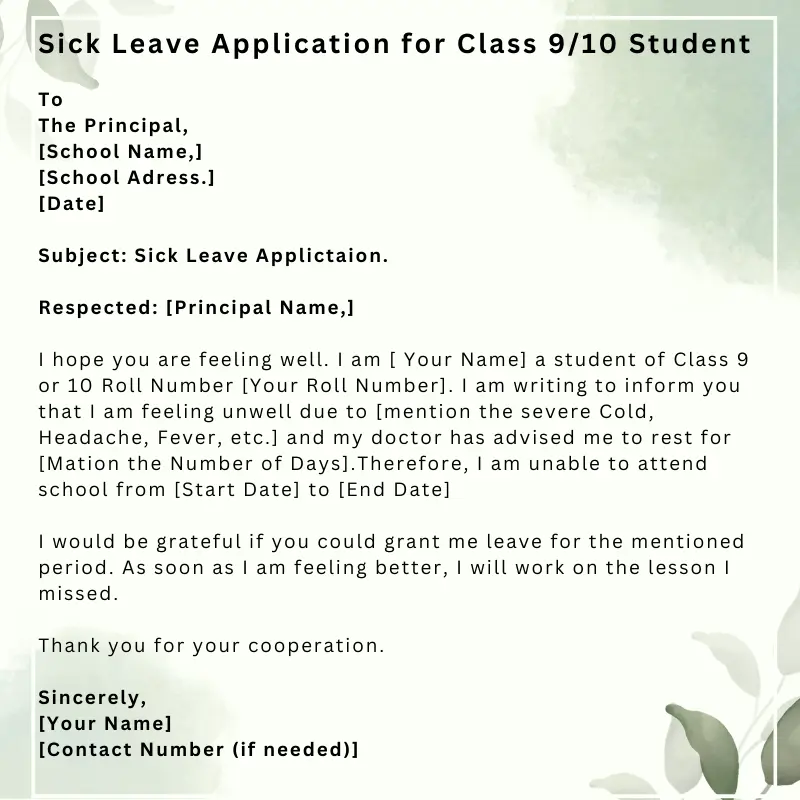 Leave Application for Class 9 and 10